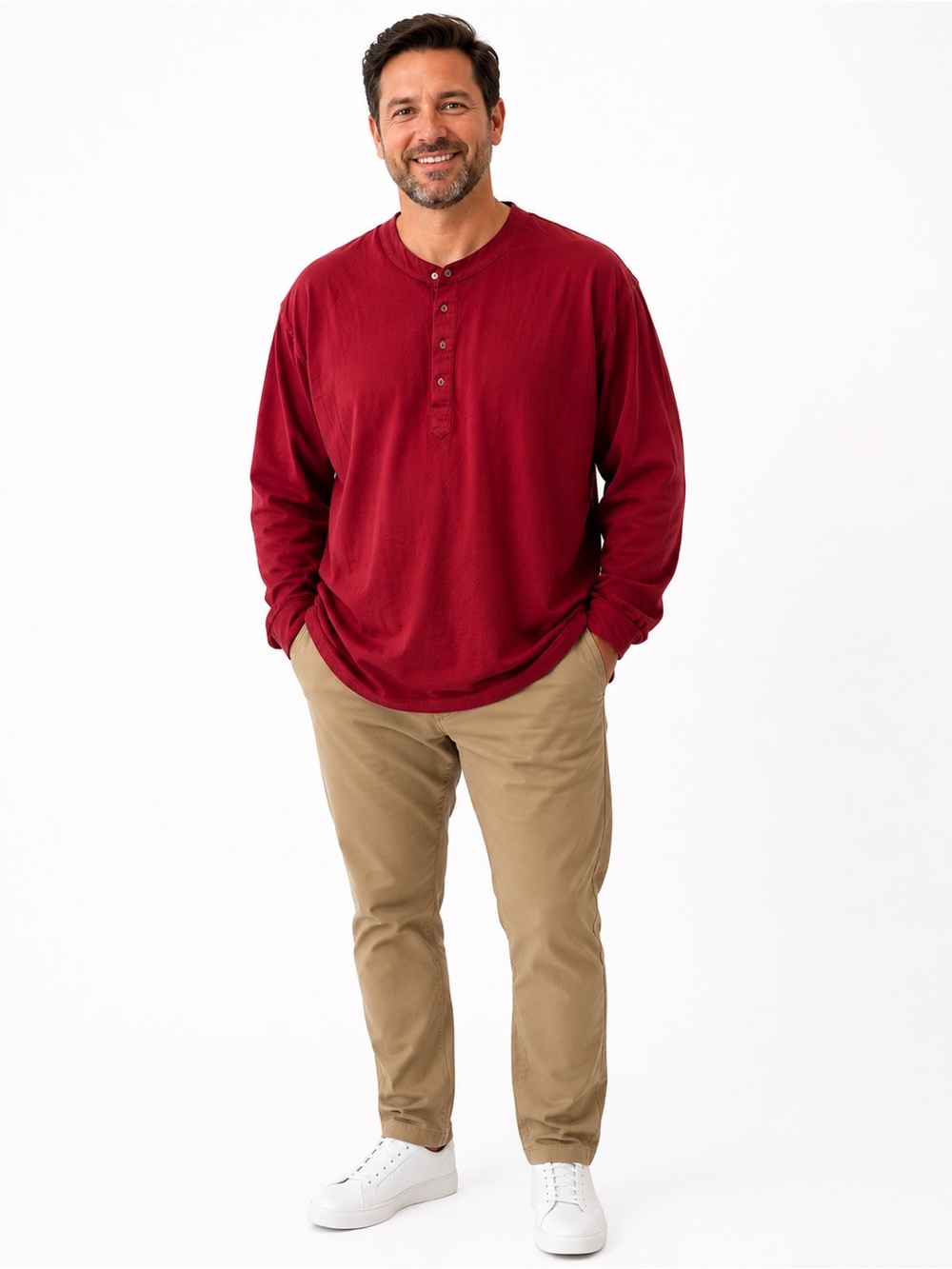 Men's Red Henley Long Sleeve Shirt